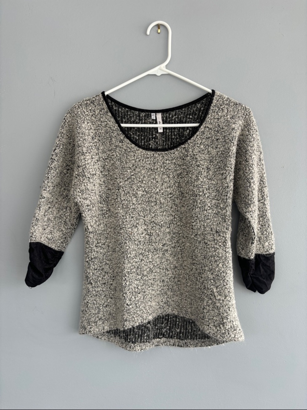 Studio Y Gray Bouclé Scoop Neck Sweater with Black Elbow Accents